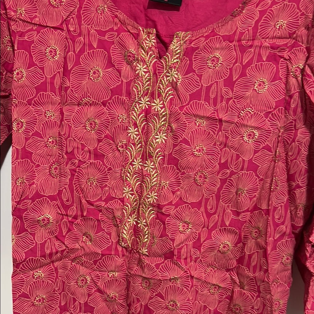 Floral Embroidered Pink Short Kurta